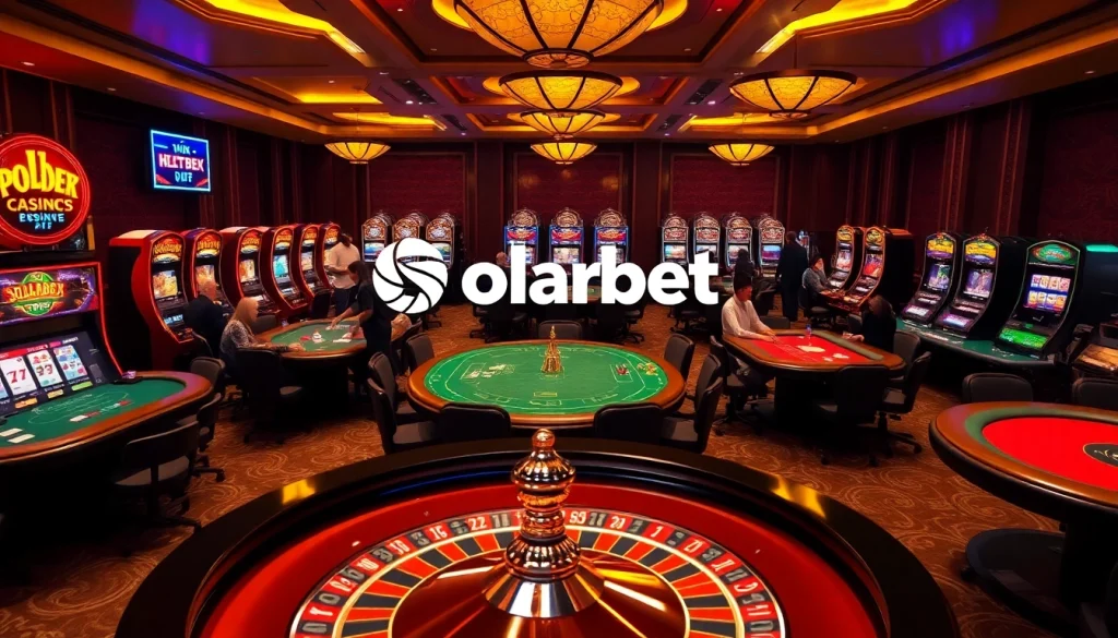 Solarbet casino scene featuring players at poker and slot machines, showcasing excitement and vibrant colors.