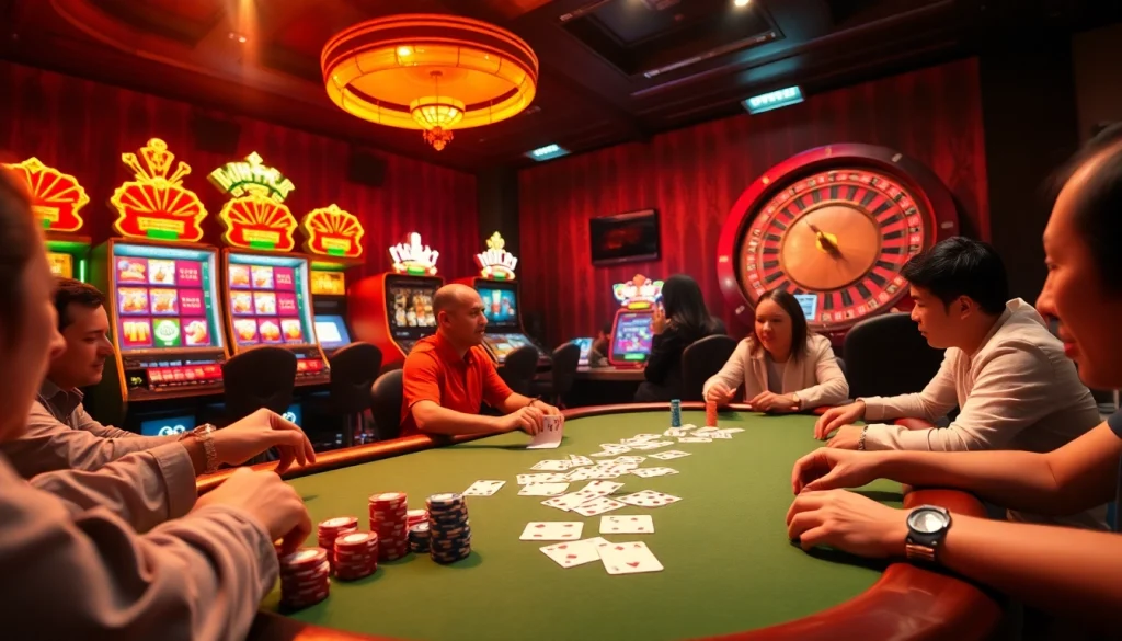 Experience the thrilling atmosphere of QQ88 with players around a lively poker table and vibrant slot machines.