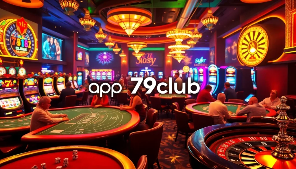 Experience the thrill of gambling with app 79club at a vibrant casino, featuring poker and slot machines in action.
